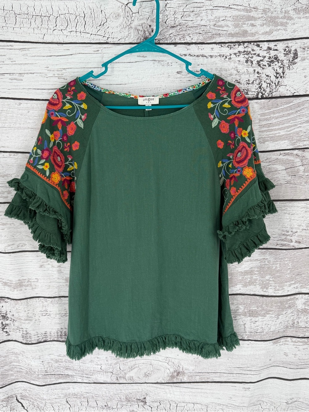 Umgee Forest Green Embroidered Flutter Sleeve Tunic